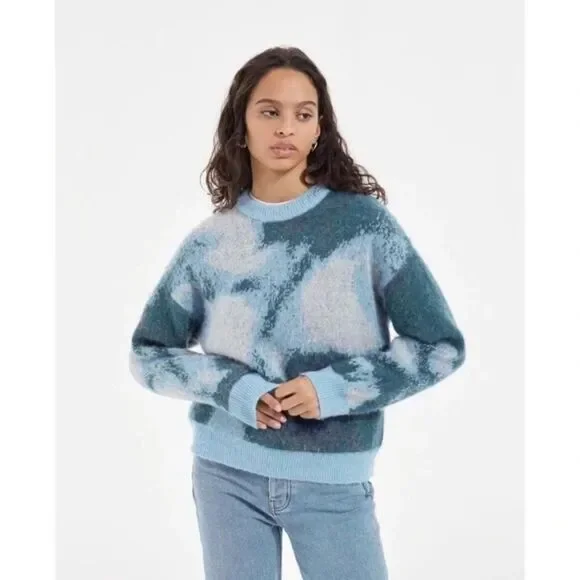 NEW The Kooples Abstract Colorblock Knit Alpaca Crewneck Wool Sweater in Blue XS